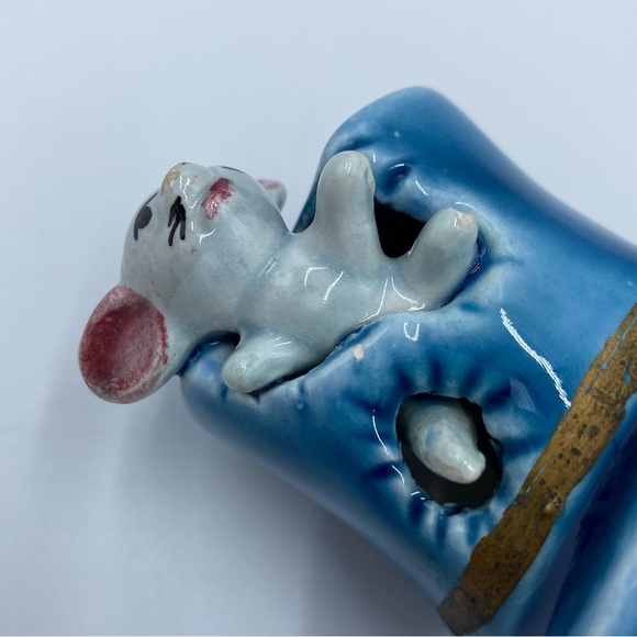 Vintage 70s W. N. CO. Ceramics Gray Mouse Blue Top Hat Toothpick Holder Japan - Picture 8 of 14